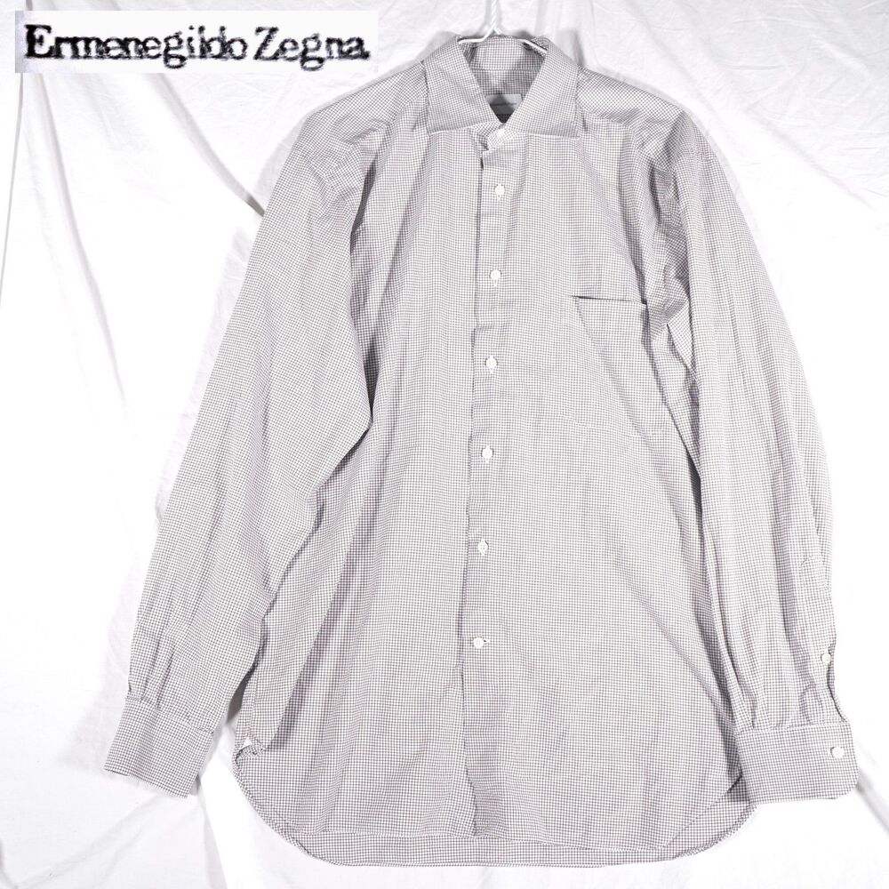 Ermenegildo Zegna Button Up Dress Shirt Long Sleeve White Black Grey 16